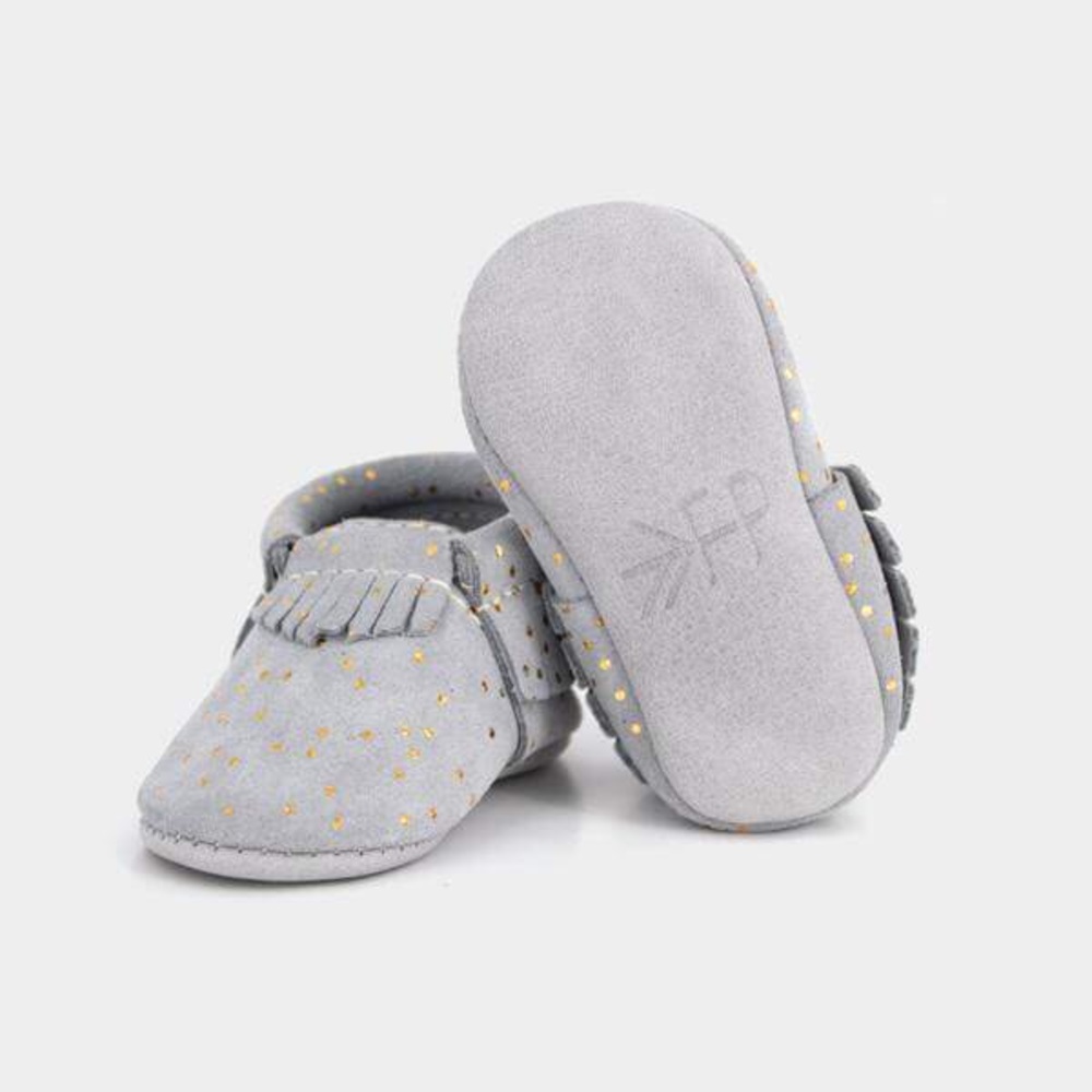 NWOT FRESHLY PICKED Gray Gold Confetti Moccasins